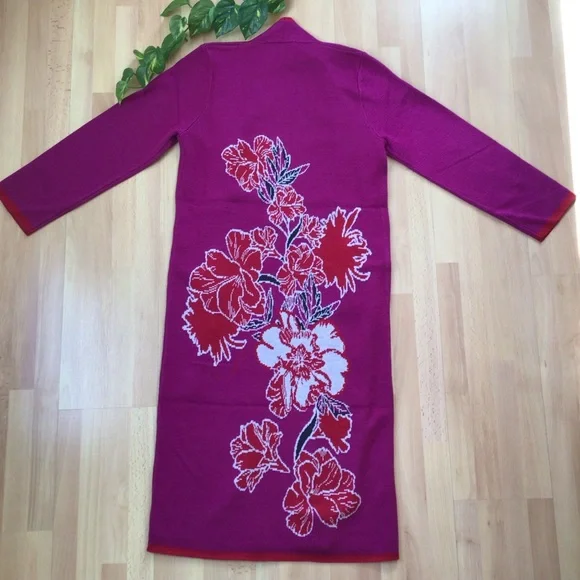 Badgley Mischka Cherry Blossom Jacquard Cardigan Sweater Coat Duster Floral